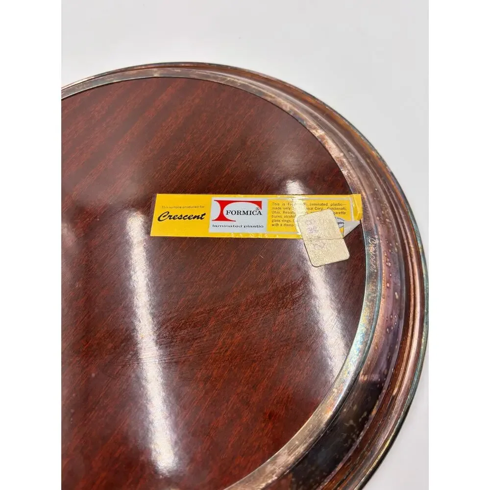 Vintage Crescent Silverplate Formica Coaster Set Wood Grain Bar Trays MCM